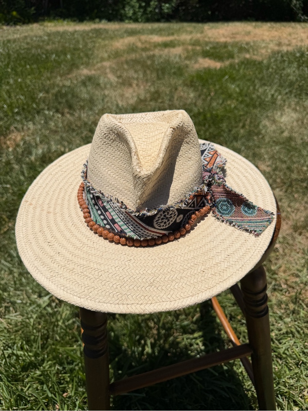 Wyeth Boho Straw Fedora Hat with Patterned Scarf Band - Picture 2 of 7